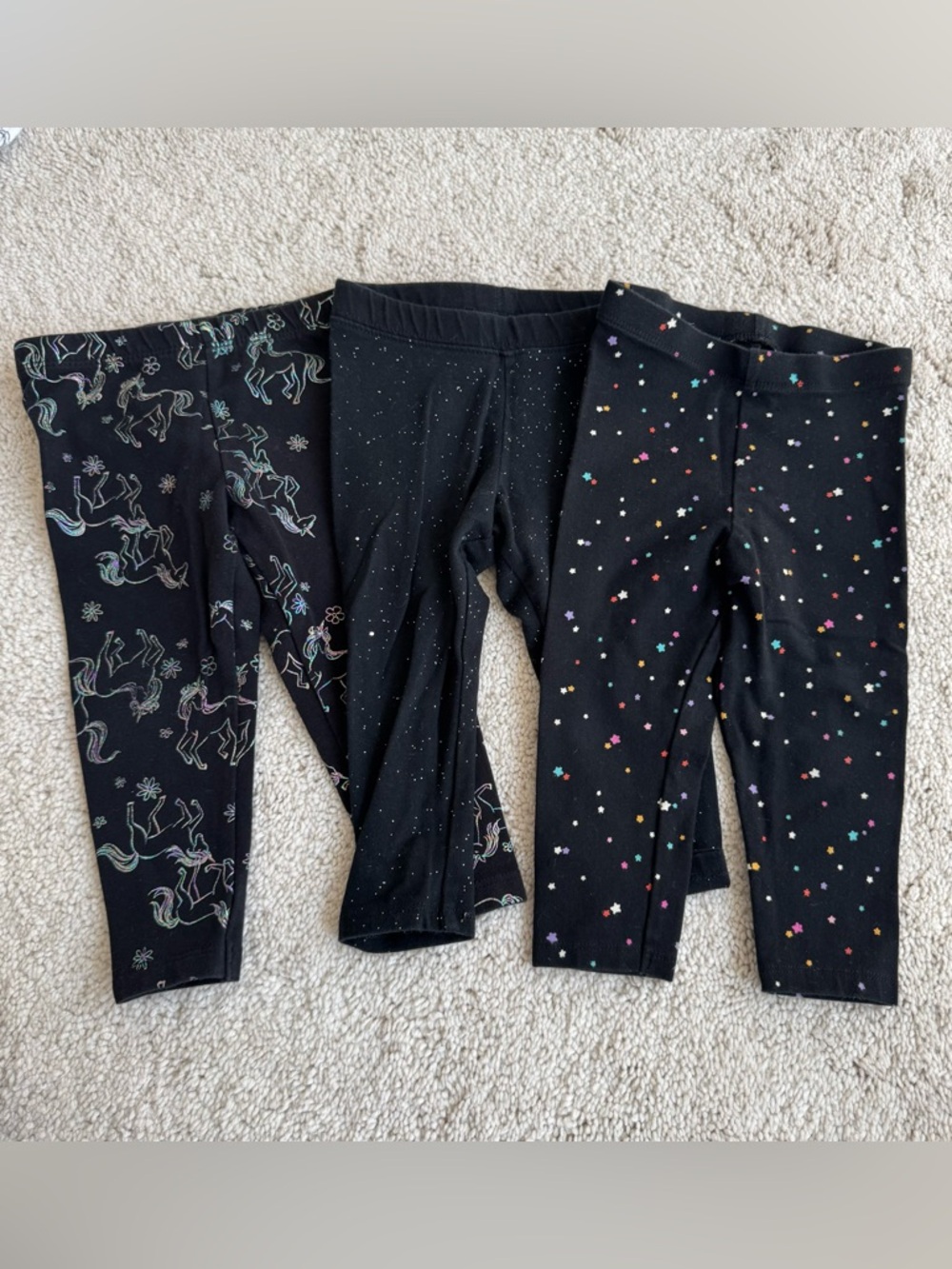 18M 3 Pairs Girls Black Leggings - Unicorns, Stars, Sparkles
